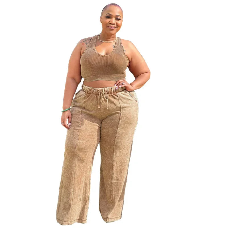 Plus Size Women's Sleeveless Top +Wide Leg Straight Pants Washed Two 2 Piece Set Outfit .