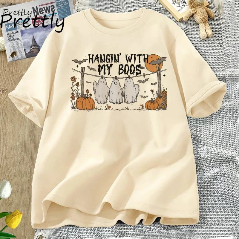 Unisex Funny Hanging Ghosts Halloween T-shirt Boos Cute Pumpkin Bat Casual Cotton Short Sleeve Round Neck Tee .  S-3X