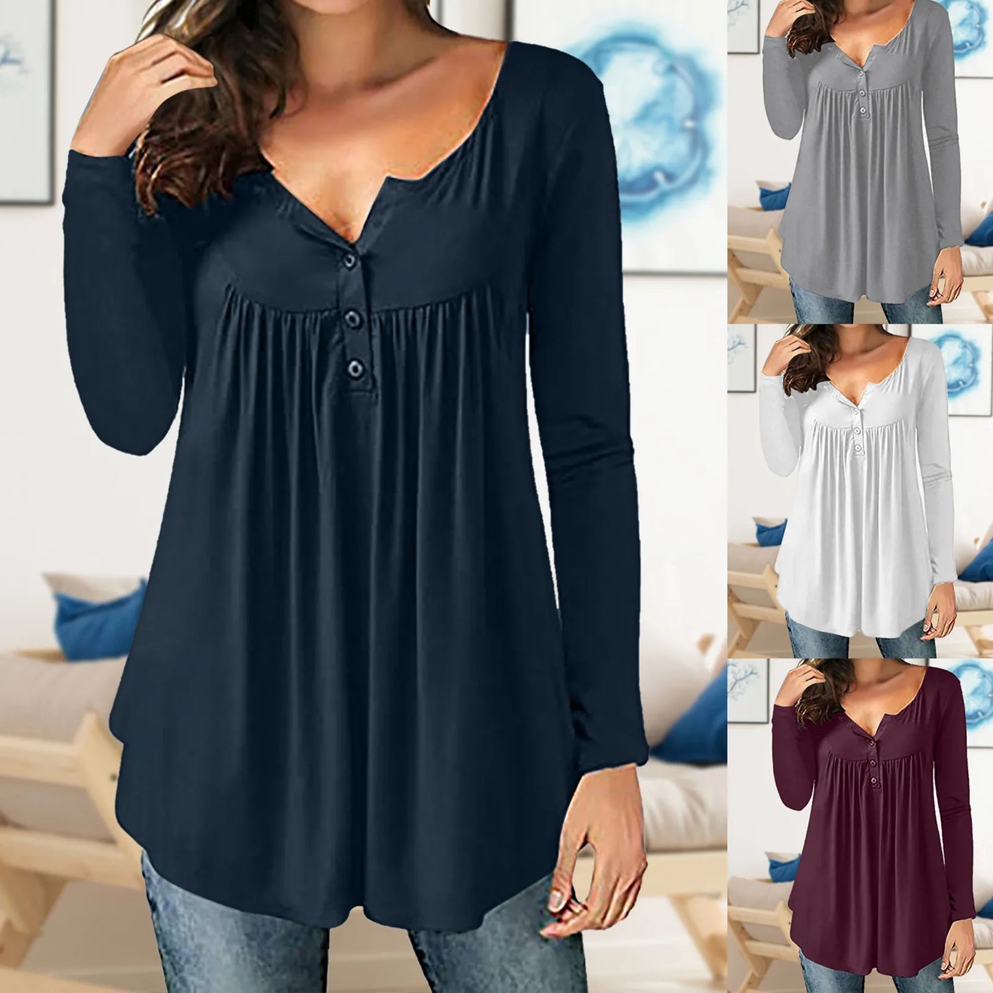Summer Women Solid Print Tops Long Sleeve T-Shirts Tunic Pullover Button Round Neck Causal Blouse