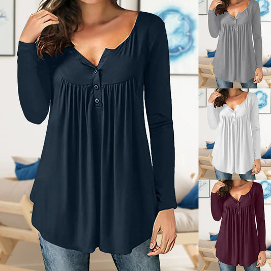 Summer Women Solid Print Tops Long Sleeve T-Shirts Tunic Pullover Button Round Neck Causal Blouse