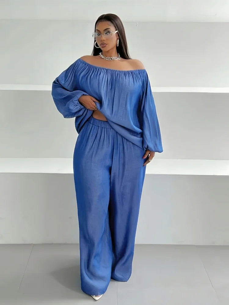 Two Piece Set Women Solid Color Large Size Set Imitating Denim Wide Leg Pant Set.  XL-4X