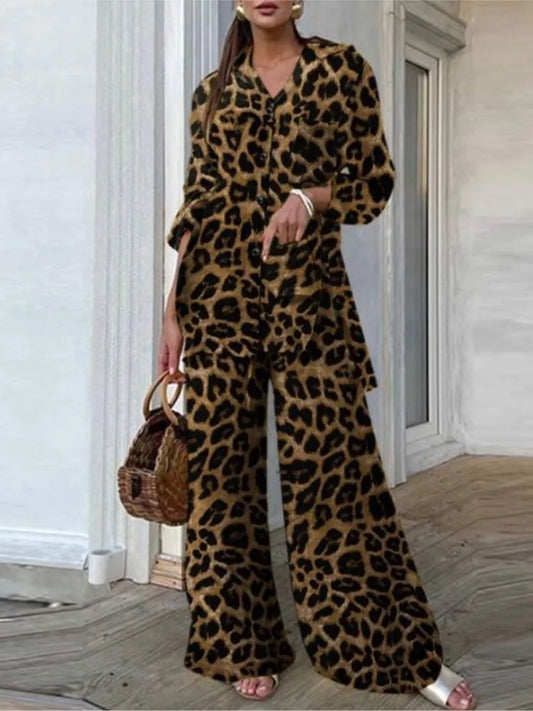 Long-sleeved V-neck Button-up Shirt + Wide-leg Pants 2 Piece Set For Women Autumn Leopard Print Loose Casual Suit.  SZ: S-3X