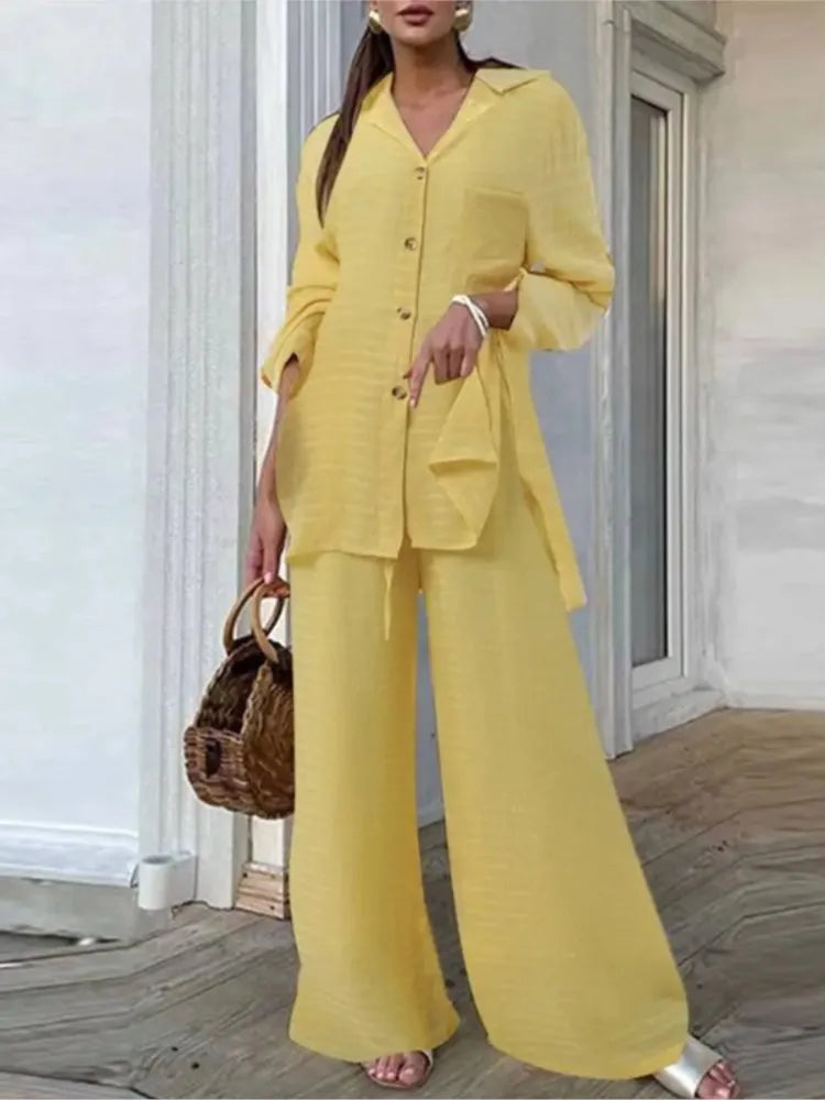 Long-sleeved V-neck Button-up Shirt + Wide-leg Pants 2 Piece Set For Women Autumn Leopard Print Loose Casual Suit.  SZ: S-3X