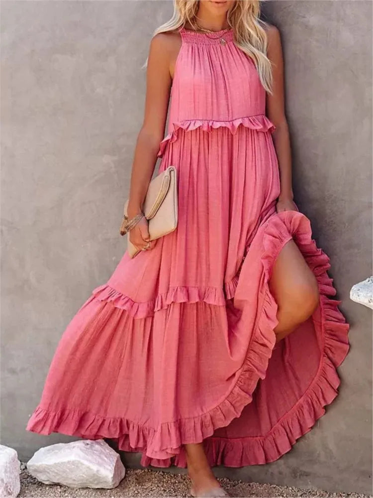 Women's Spring Summer New Collection Solid Colour Fashionable Ruffle Edge Long Dress.  S-xxL