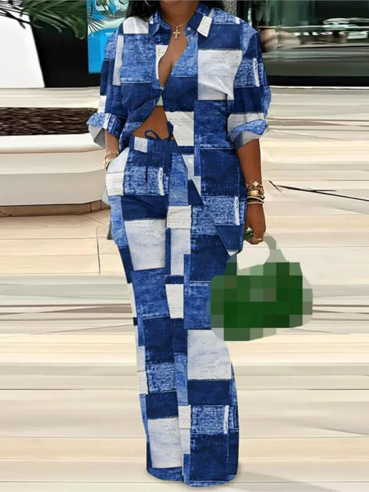 Women's Fashion Casual Printed Long Sleeved Pants Set Sexy Hip Long Pants And Shirt Two Piece Set.  S-3X