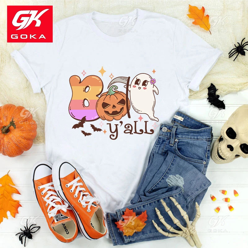 Premium Cotton T Shirt New Hot Halloween Boo Y'All T Shirts Fashion Women‘s Tee.  S-3X