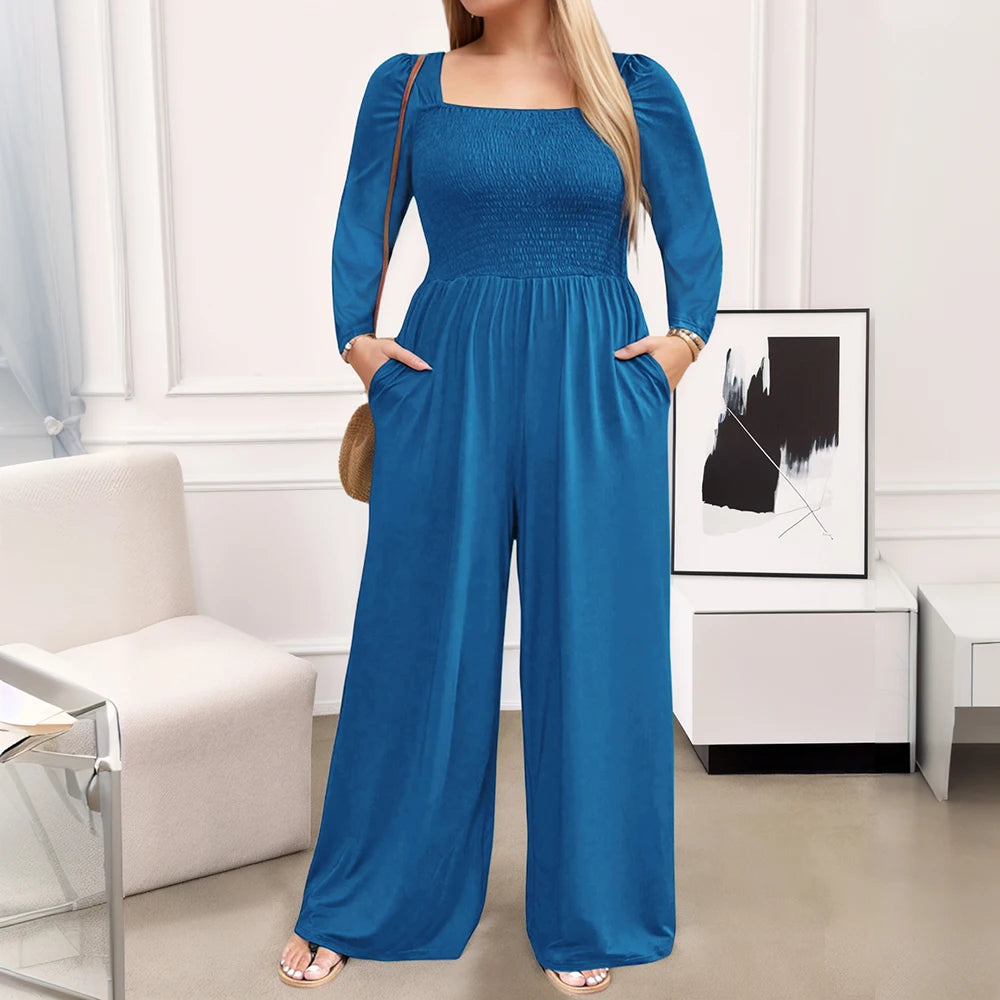 Plus Size Women Wide Leg Jumpsuit Autumn Winter One-piece Long Sleeve Jumpsuit Fashion.