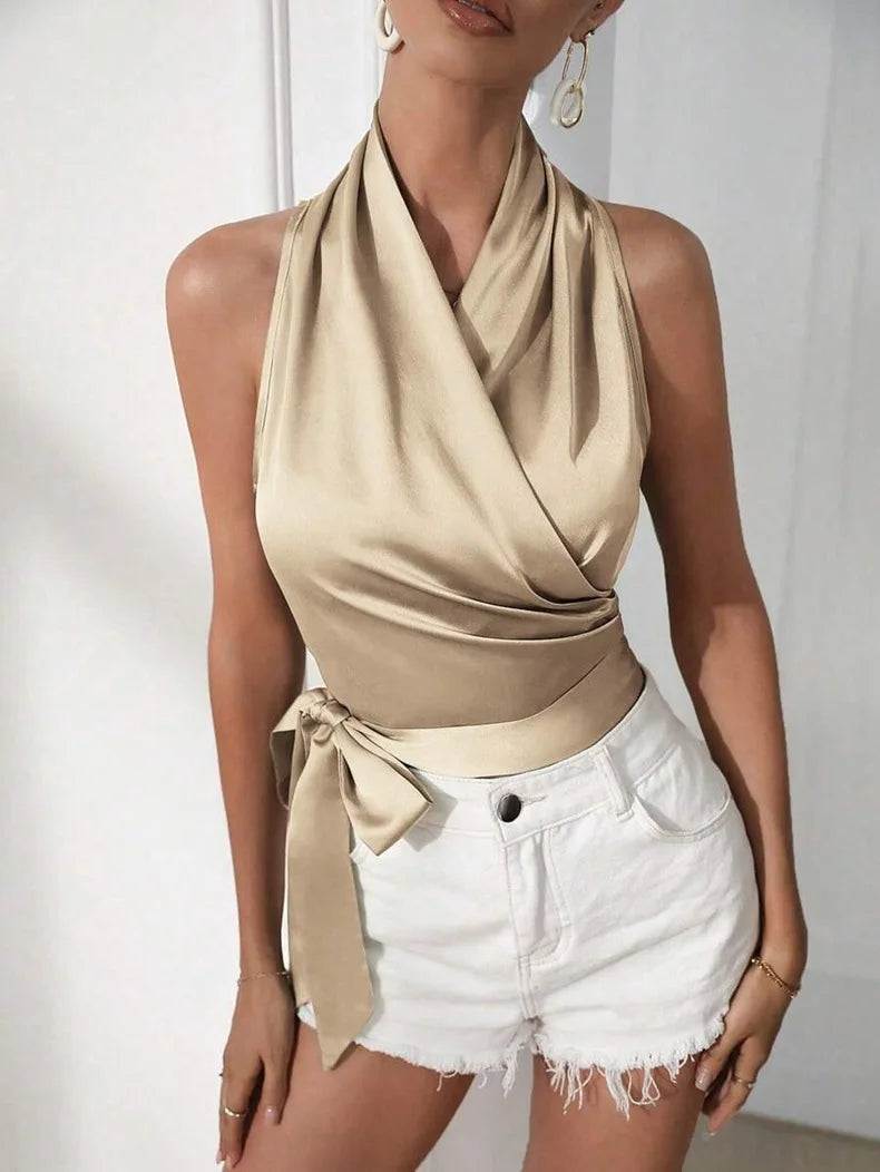 Elegant Neck Hanging Silk Satin 2025 Spring Summer Sexy Side Wrapped Blouse.  S-XL