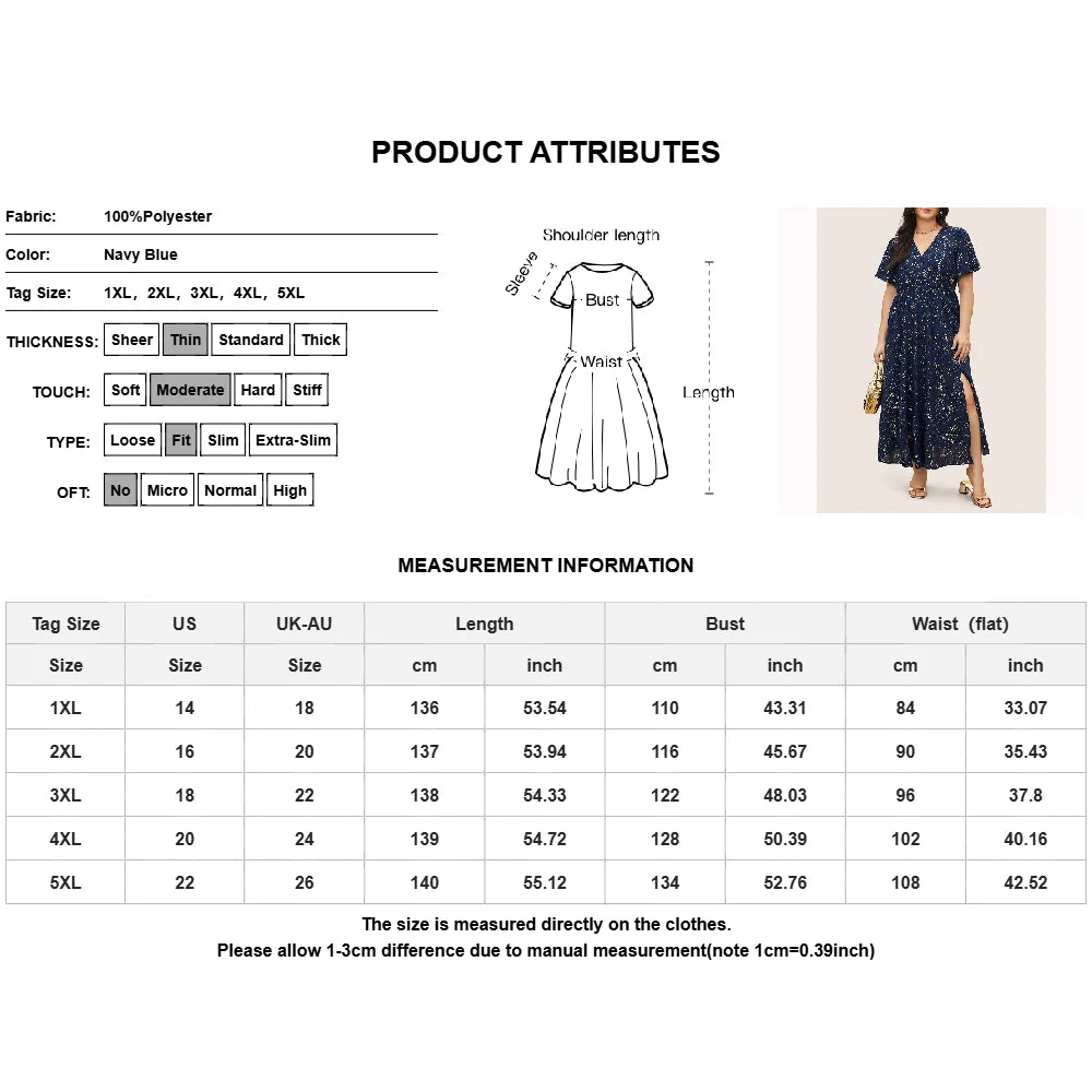 Plus Size Women's Printed V-Neck Split Maxi Dress Short Sleeve Party Cocktail Dress