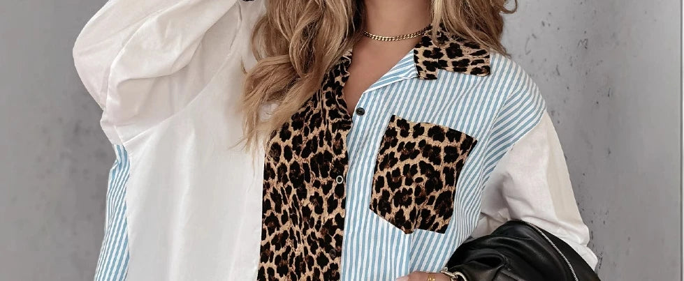 Women Leopard Print Striped Dip Hem Loose Fit Casual Blouse Button Shirt. S-XL