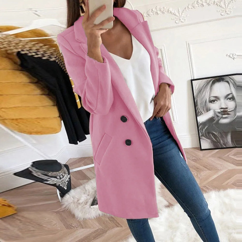 Thermal Solid Woolen Coat Women Turn-down Collar Mid-Length Plus Size Double-breasted Thick Coat