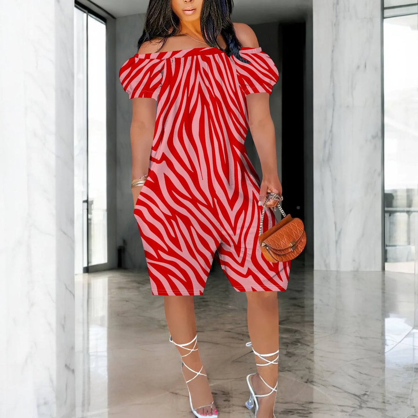 Women One Piece Print Off Shoulder Short Sleeve Loose Shorts Jumpsuit.  S-3X