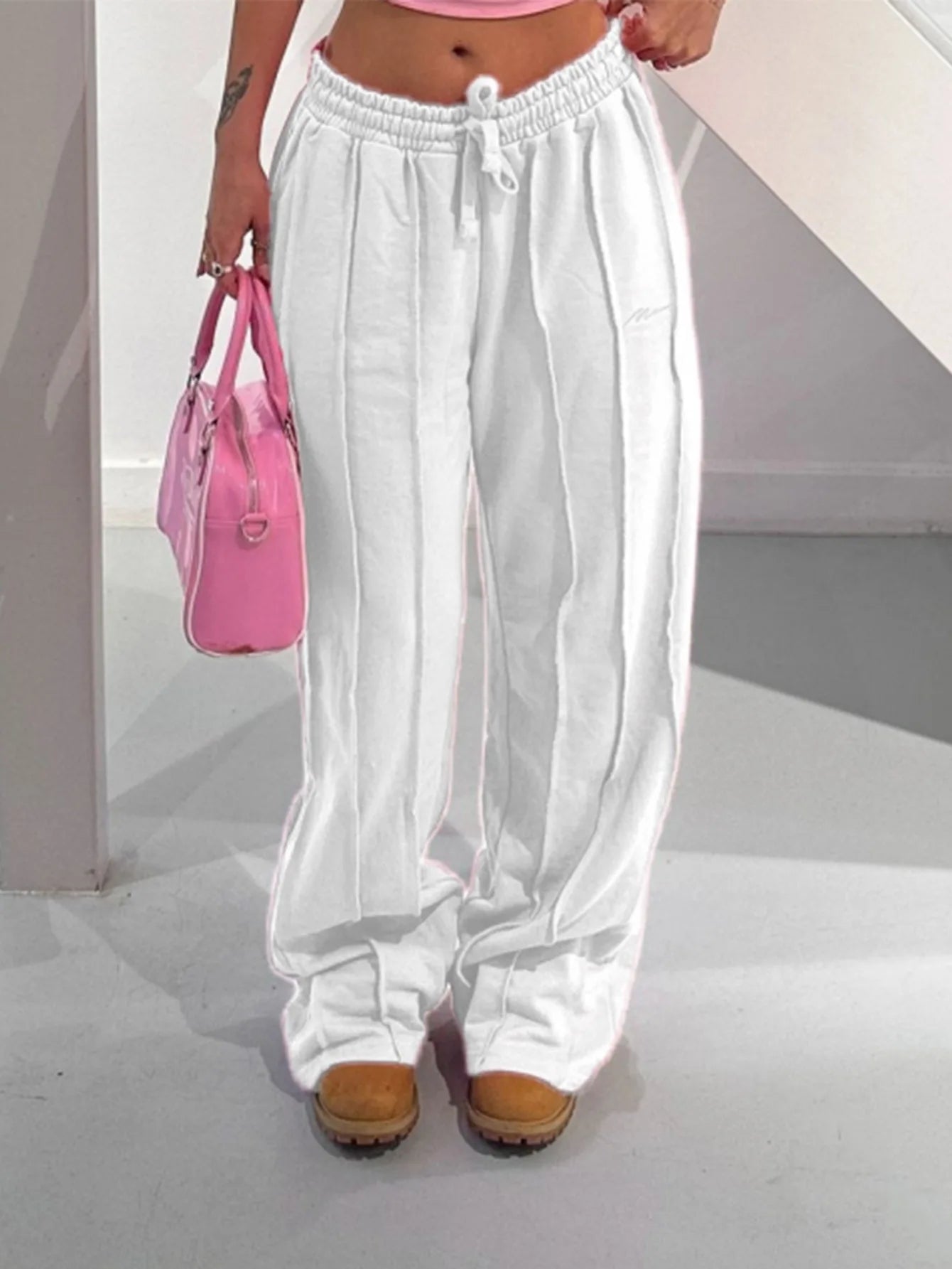 Women Pants Mid Waist Drawstring Trousers Loose Slight Stretch.  S-XL