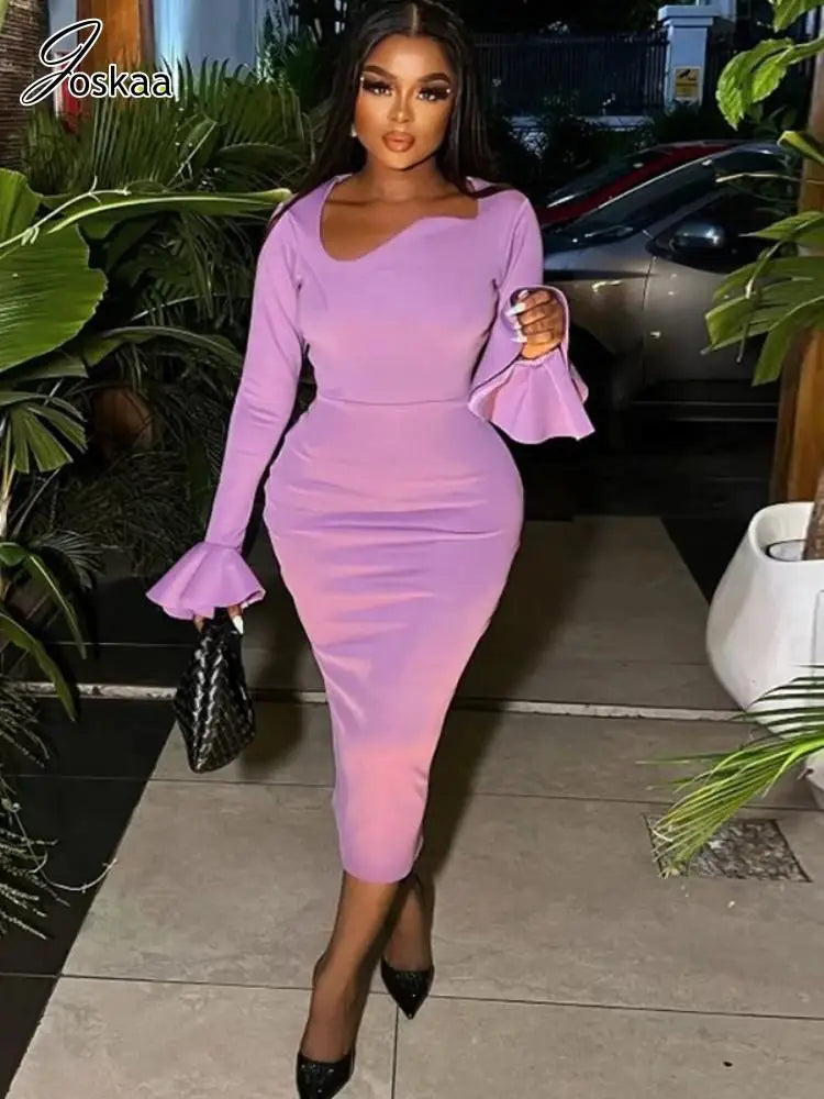 Joskaa Elegant Solid Irregular Collar Flare Sleeve Back Split Bodycon Midi Dress for Women 2024 Spring Birthday Party Clubwear
