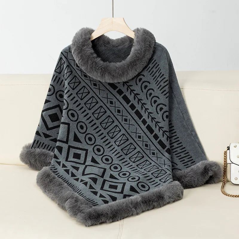 Women Poncho/ Sweater Pullover Fur Collar Cloak Irregularity Warm Thick Elegant Autumn Winter Casual Poncho