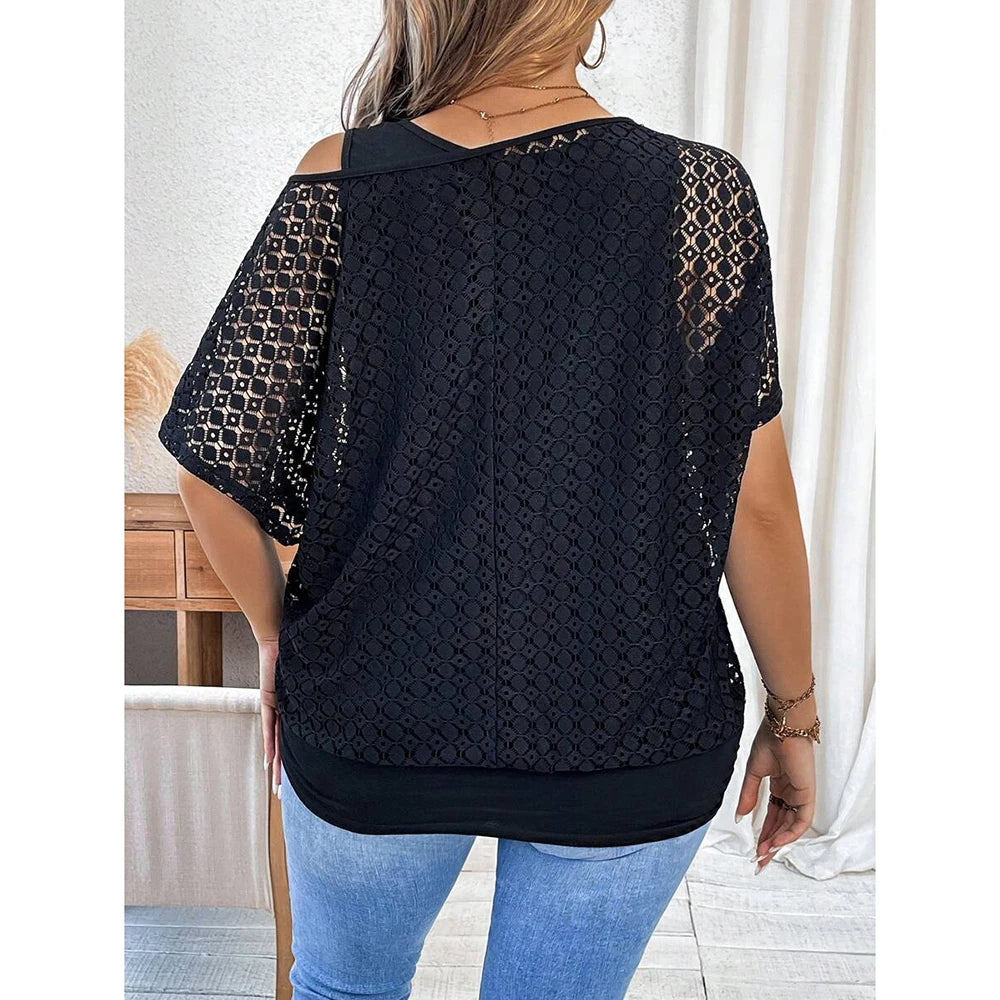 Plus Size Mesh Hollow Out Women’s Blouse Elegant Asymmetric Neck Short Sleeve 2-Piece Set .