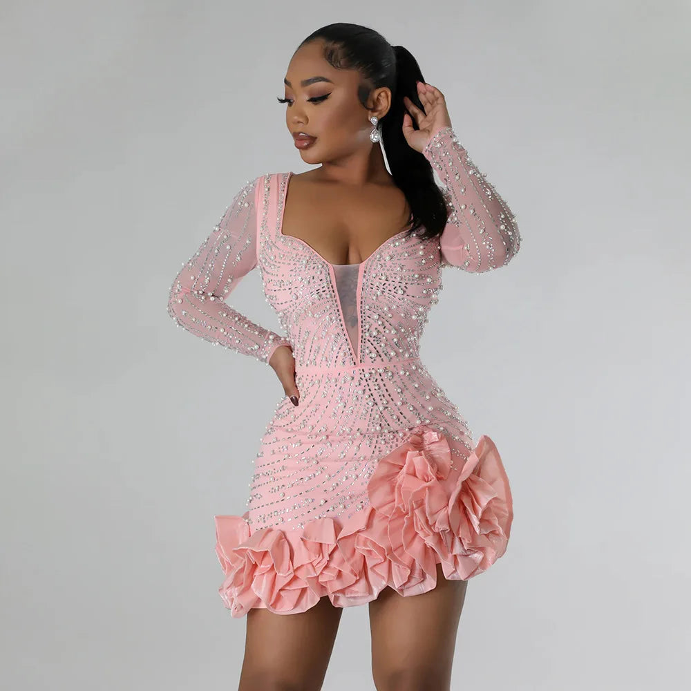 Long Sleeve V Neck Sexy Glittering Diamond Bodycon Mini Dress. S-2xL