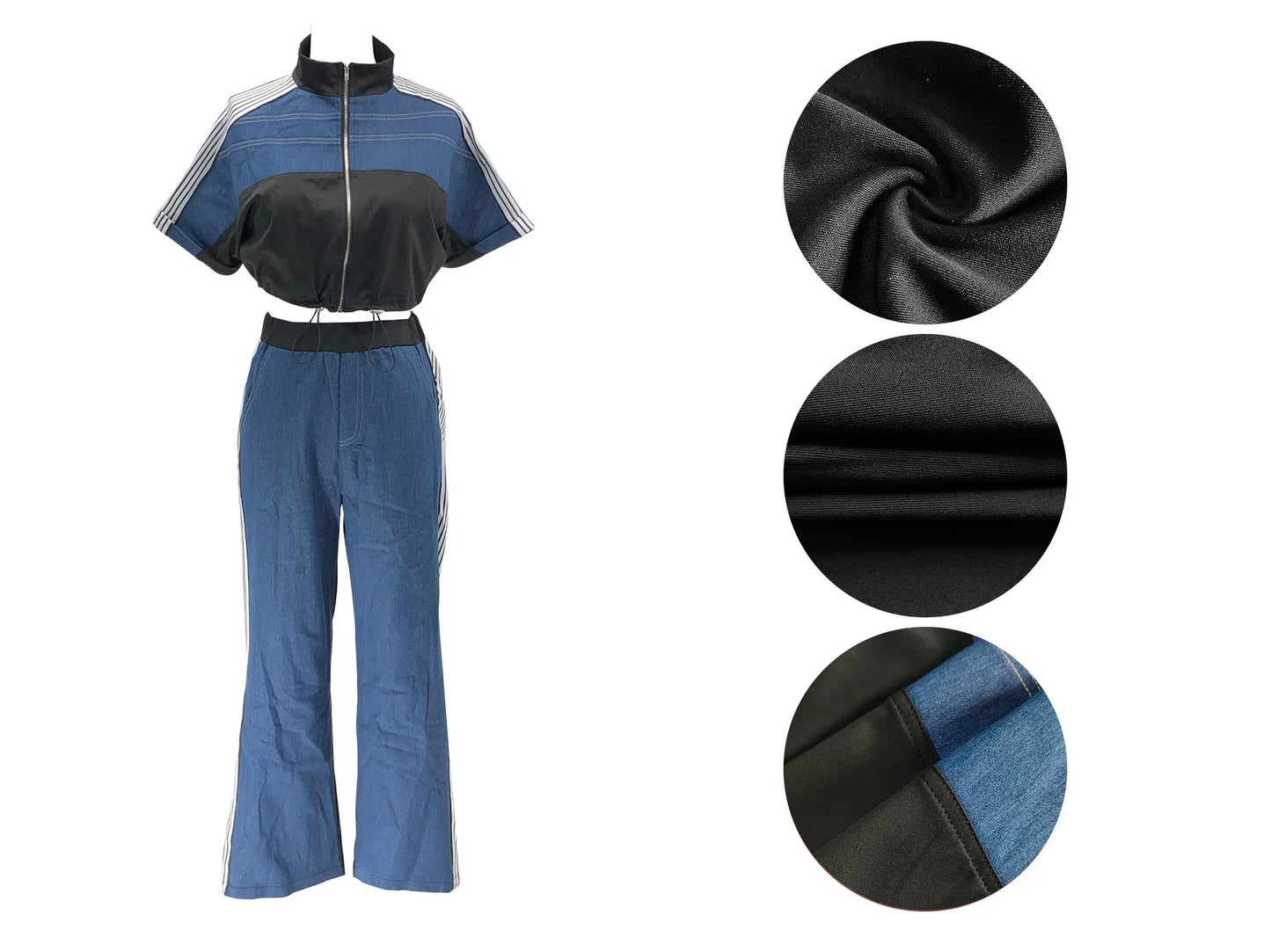 Pant Set Women Two Piece Set Denim Matching Sets Jogger Tracksuit Matching Sets Zipper Tops Wide Leg Long Pants Elastic Waist.  S-2X