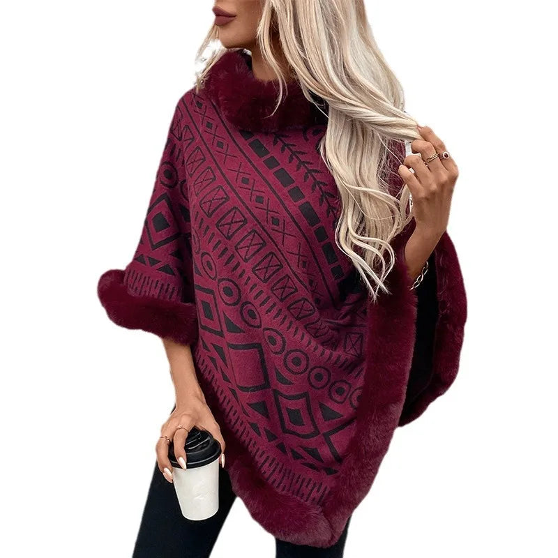 Women Poncho/ Sweater Pullover Fur Collar Cloak Irregularity Warm Thick Elegant Autumn Winter Casual Poncho