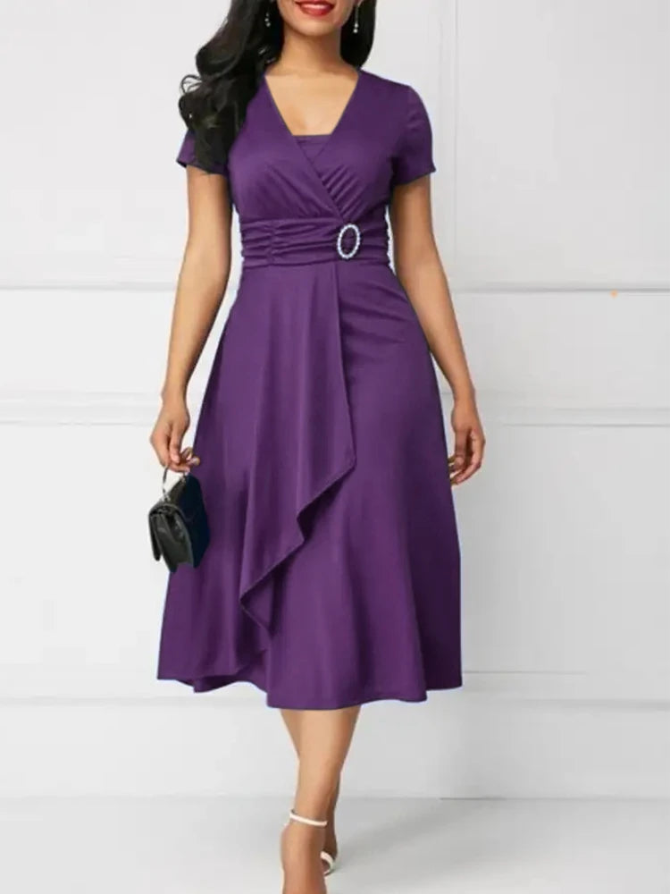 Elegant Women Solid Colour Short Sleeve V Neck Midi Party Dress.  S-5X