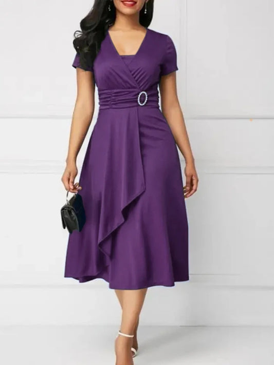 Elegant Women Solid Colour Short Sleeve V Neck Midi Party Dress.  S-5X