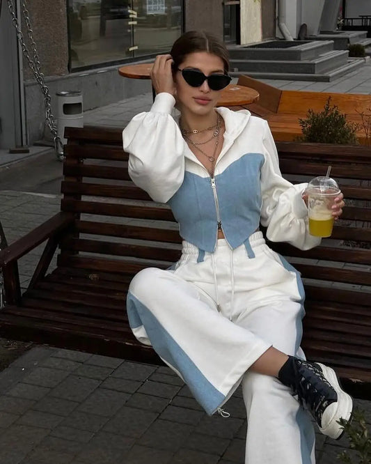 Denim Patchwork Top+pant 2 Piece Set Fashion Zipper Hoodie Wide Leg Casual suit.