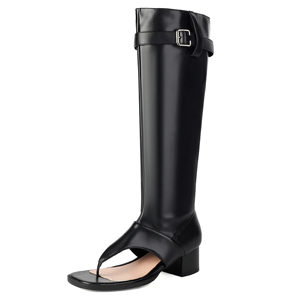 Summer Women Open Toe Boots Chunky Heel Flip-Flops Knee-High Boots With Belt Buckle