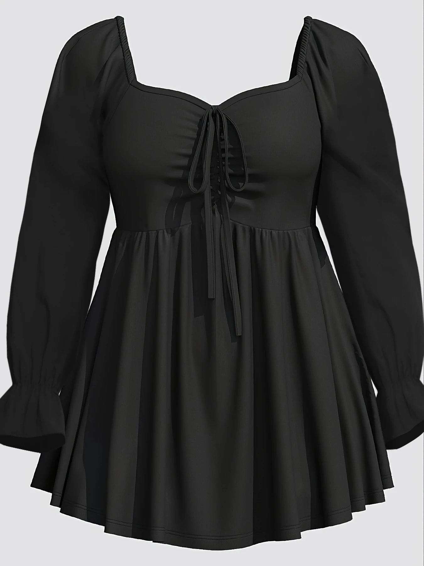 Women Square Collar Plus Size Top Long Sleeve Drawstring Bandage Pleated Medium Stretch Solid Casual Top