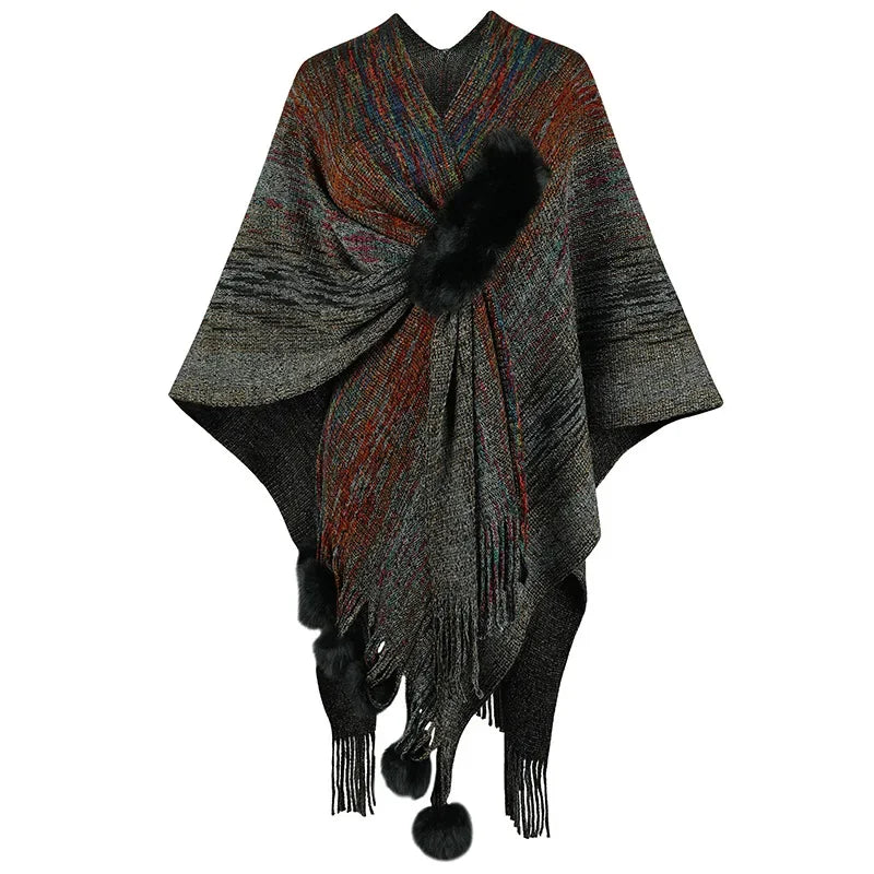 Shawl Women Full Sleeve Tassel Elegant Splice Open Stitch Poncho. (One Size)