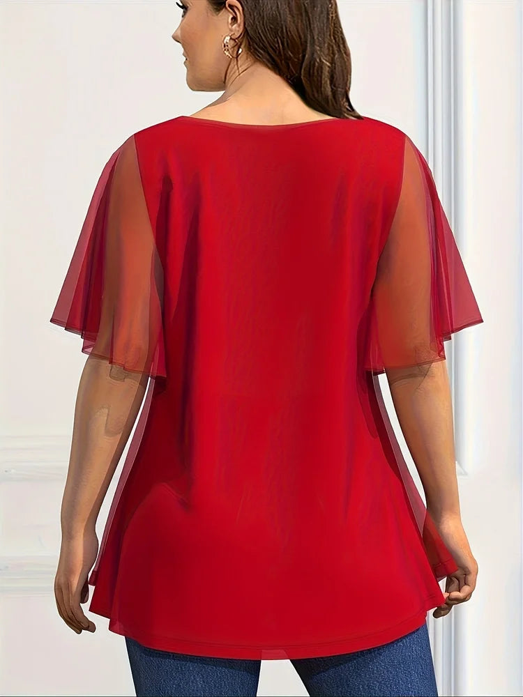 Plus Size Chiffon Blouse Solid O Neck Loose Fit Short Sleeve Casual Summer Top.