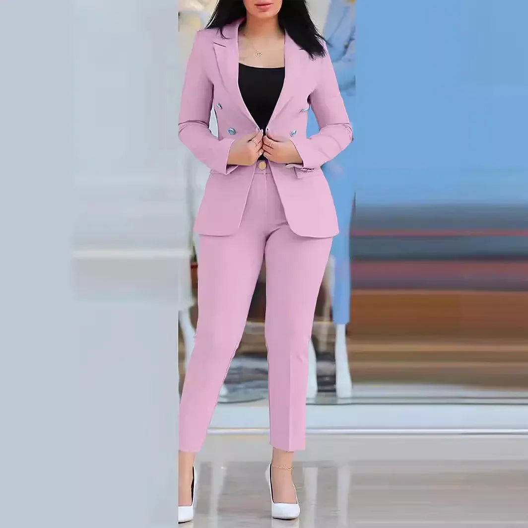 2pcs Women Clothing Set Long Sleeve Blazer Jacket & High Waist Pencil Pants Solid Colour