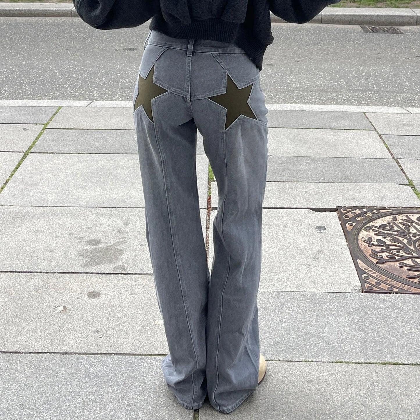 Women's Star Pattern Wide Leg Jeans - Loose Fit Casual Denim Pants