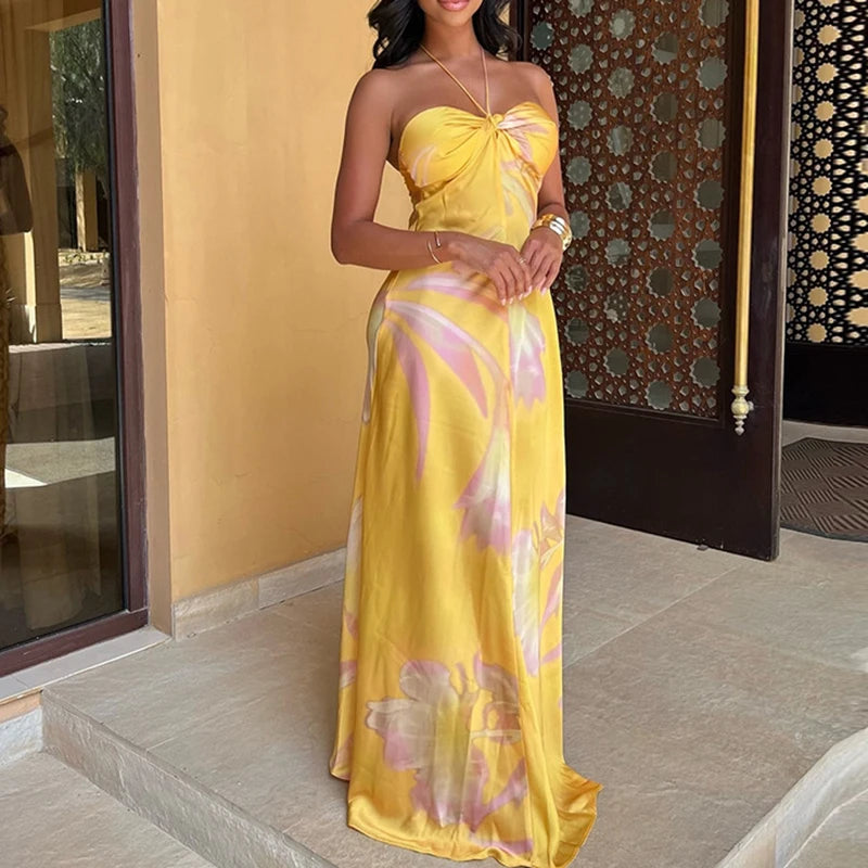 Yellow Printed Halter Satin Women's Dress New Summer Bohemian Sexy Sleeveless Slim Party Long Dress.  S-L