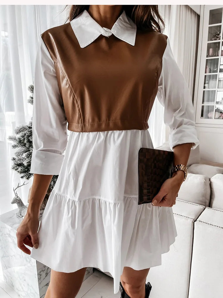 Summer Casual Long Sleeve Shirt/ Dress For Women PU Leather Sweet Lady Mini Dresses.  S-2X