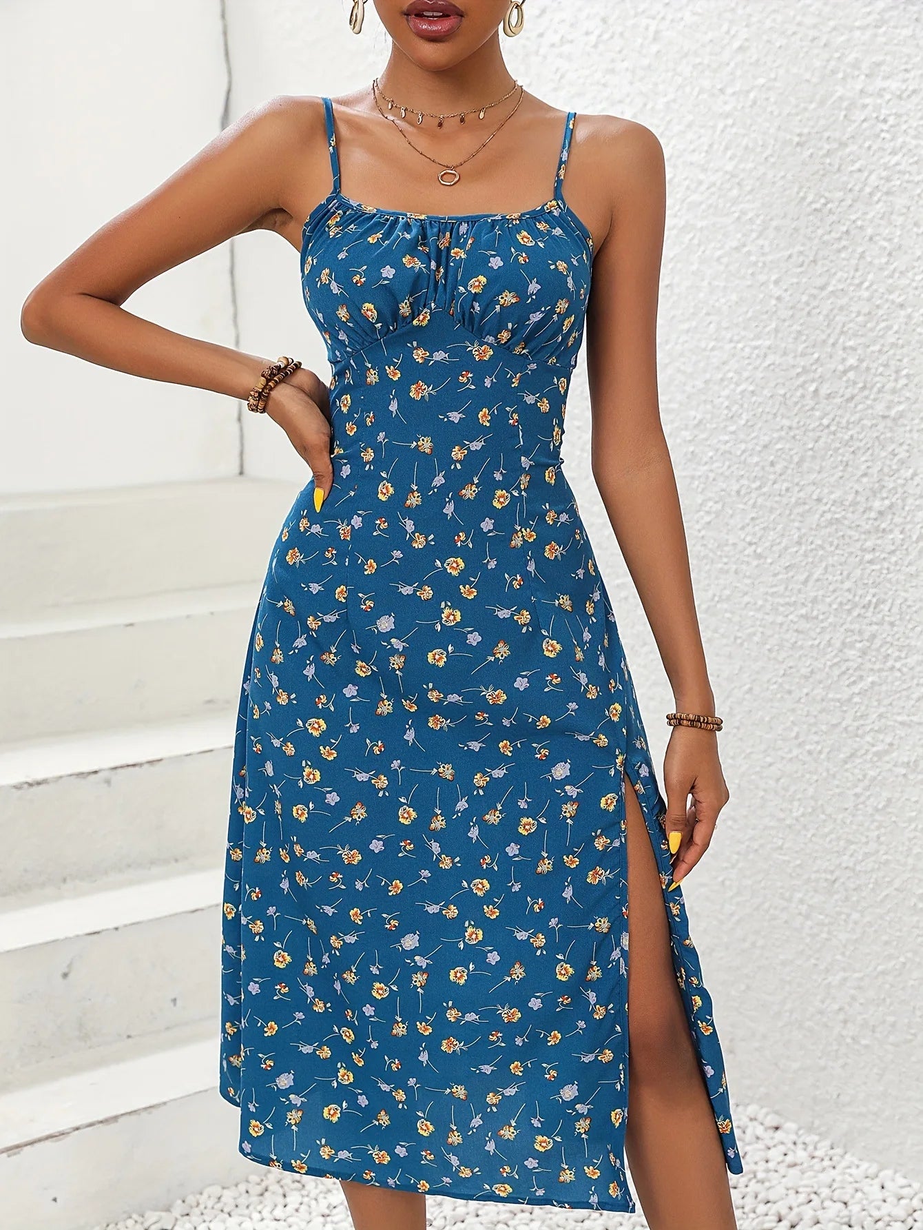 Summer Sexy Spaghetti Strap Dress Fashion Polka Dot Print Sleeveless Slit Dress Boho Casual Dress.  S-xxl