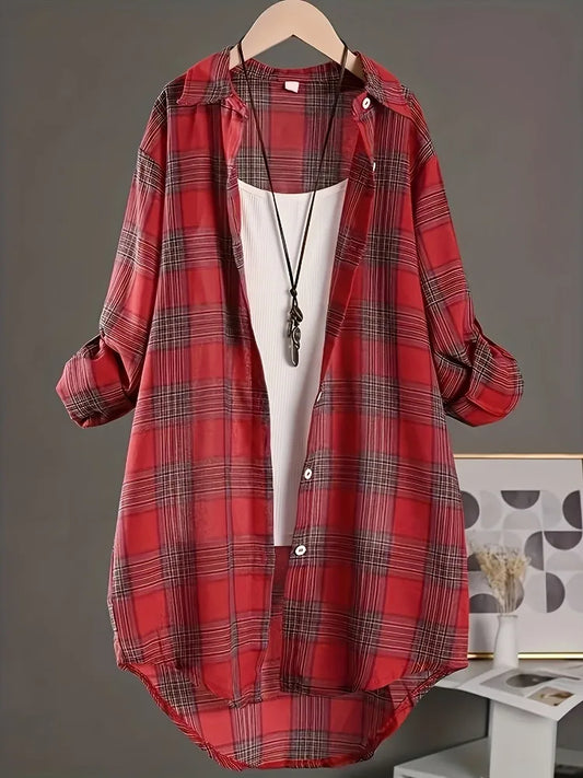 Curvy Women's Loose Fit Long Cotton and Linen Plaid Shirt