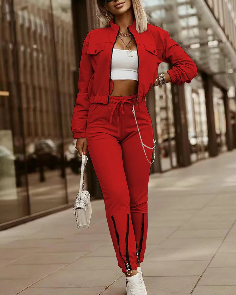 Sport suit Two Piece Long Pants With Casual Zipper Short Jacket.  S-2X