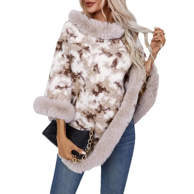 Knitted Cloak Sweater Printed Shawl Outwear Warm Thick Fur Collar Casual Loose Poncho Batwing Sleeve