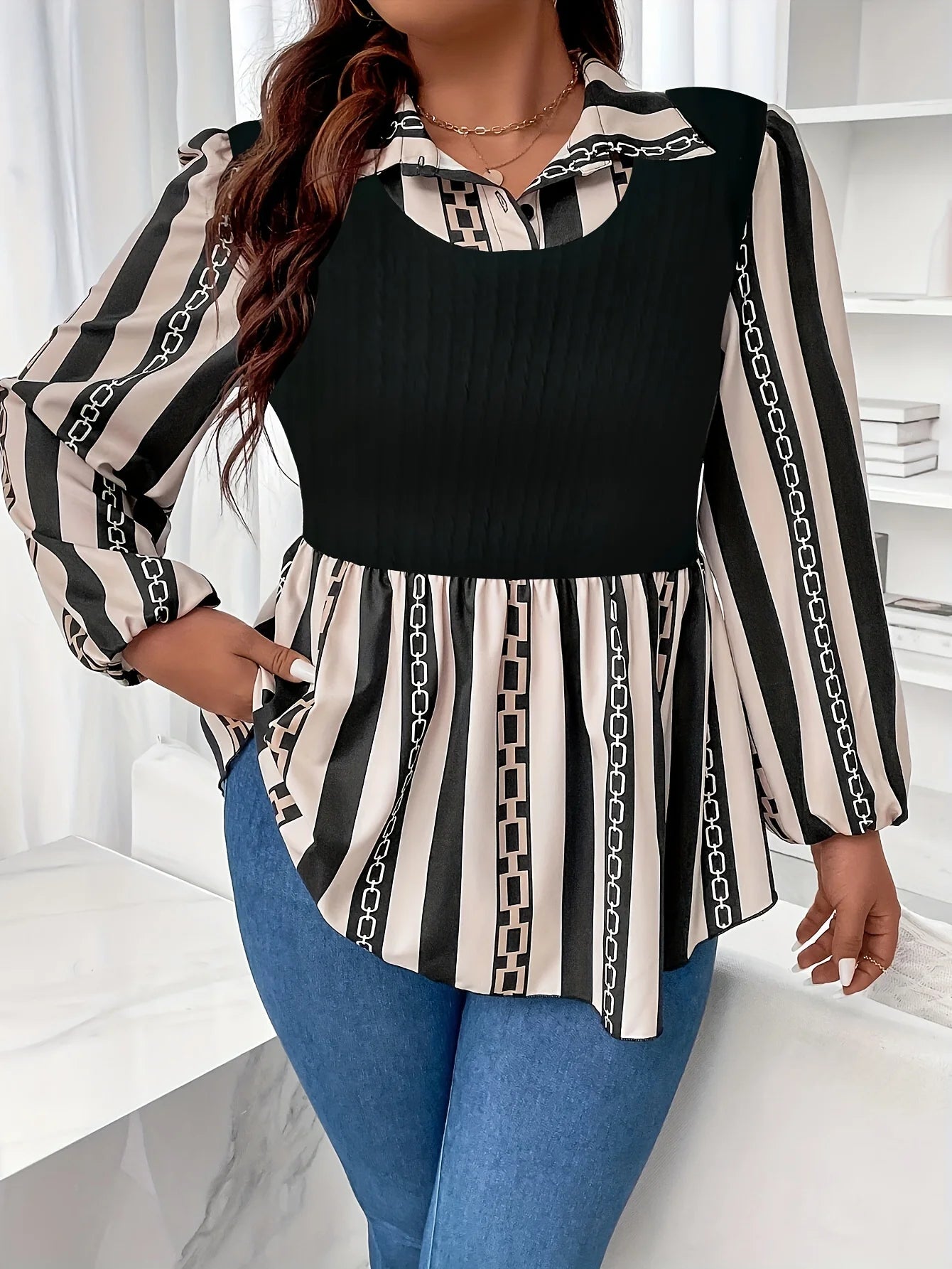 plus size Women's 2-in-1 Striped Polo Top! Colour-blocked Long Sleeve Shirt,