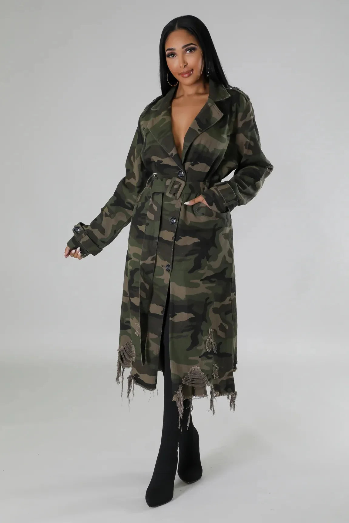Camouflage Ripped Trench Style Jacket Sashes Single Breasted 2025 Women Street-wear Jacket.  S-2X