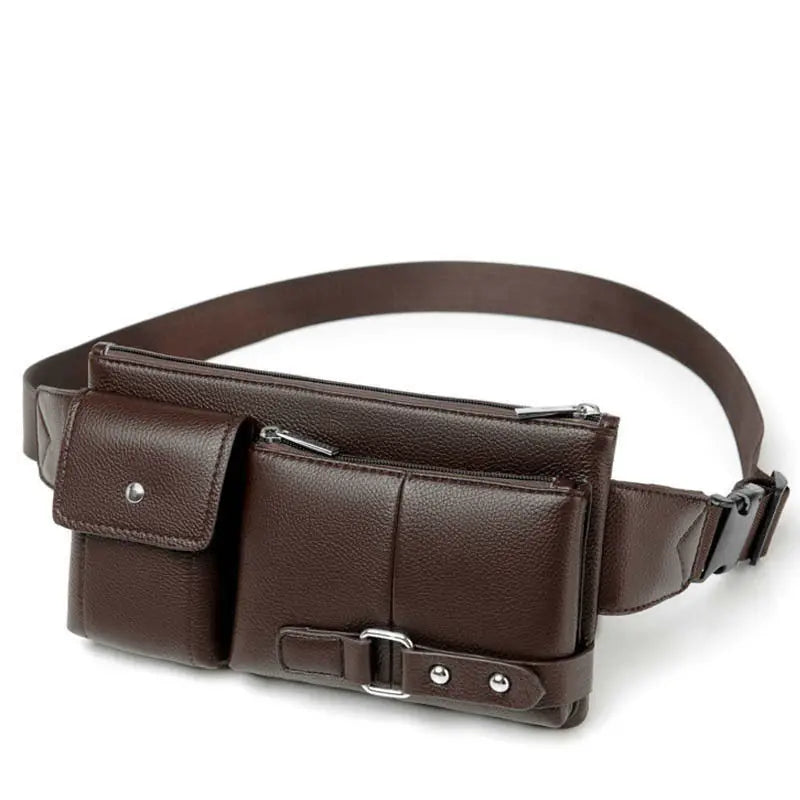 Multi-Pocket PU Leather Fanny Pack - Unisex Waist Bag with Adjustable Belt