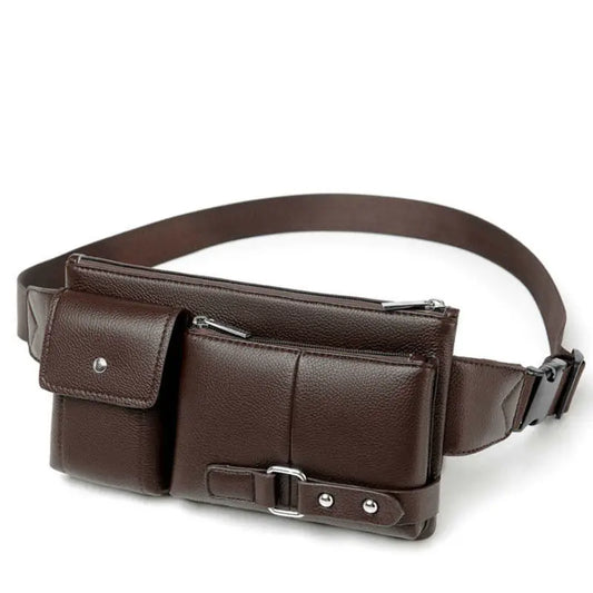 Multi-Pocket PU Leather Fanny Pack - Unisex Waist Bag with Adjustable Belt