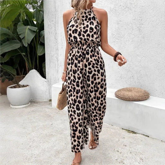 Summer Sexy Leopard Jumpsuit Women 2025 New Elastic Waist Sleeveless Jumpsuit.  S-2X