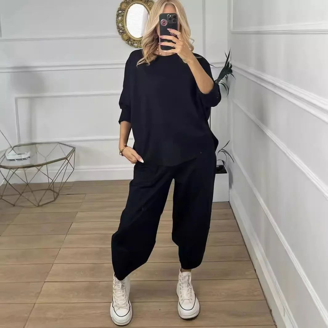 Solid Pullover Two Piece Set O Neck Top, Long Pants Tracksuit Retro Loose Sport Suit.  S-3X