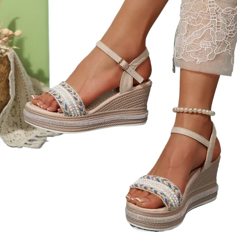 Open Toe Women's Sandals Fashion Floral Buckle Strap Wedges Shoe