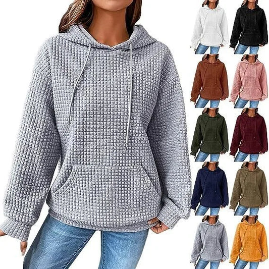 Women's hooded sweatshirt spring and autumn style waffle fashion beautiful solid color hooded drawstring loose sweatshirt.  S-2XL
