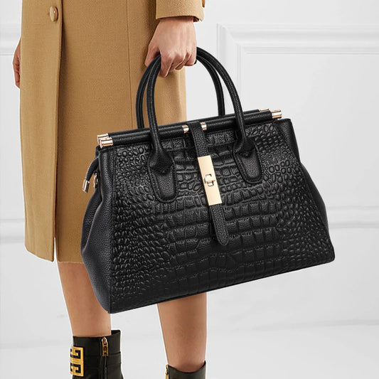 Genuine  leather women's handbag, large capacity crocodile patterned cowhide bag,