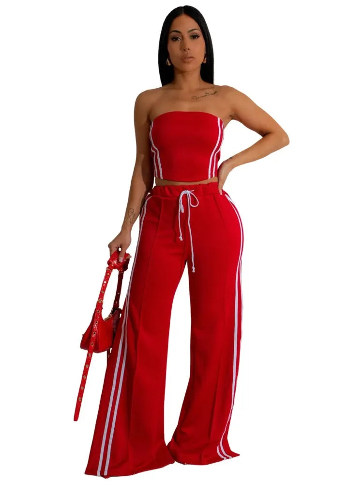 Women's Sexy Sleeveless Wide-leg Pants Two-piece Summer New Female Casual Solid Color Striped Top Long Pant Suit 2025.  S-2x