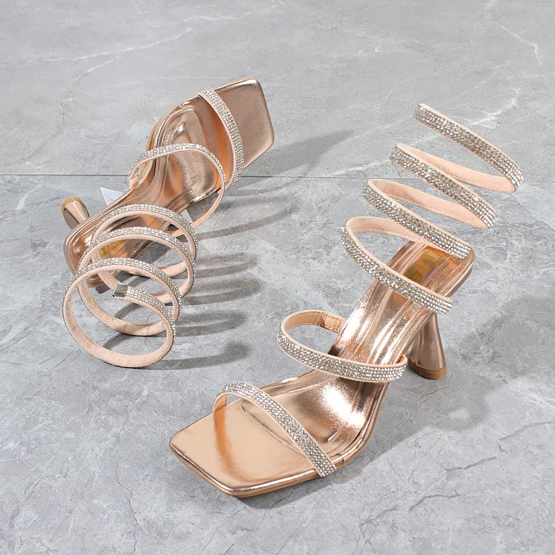 Fashion Women Sandals Summer New Crystal Snake Ankle Around Heels Stiletto Sexy Party Women's Sandals 9CM
