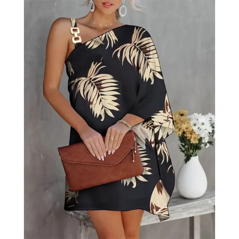 Summer Women's Dress One Line Diagonal Neck Off Shoulder Solid Colour and Metal Strap Bat Sleeve Dress.  S-2X